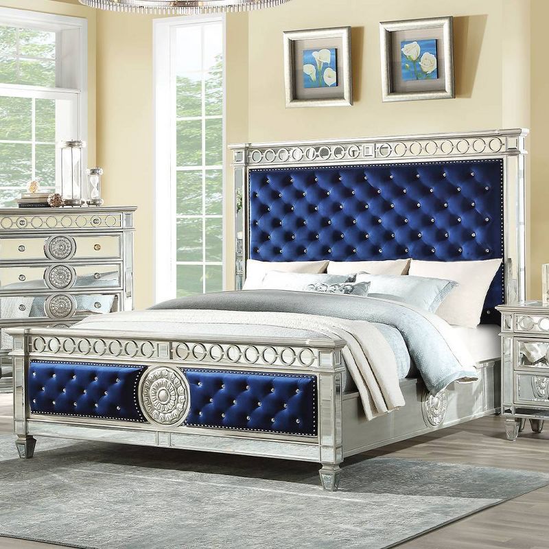Varian 94&#34; California King Bed Blue Velvet and Mirrored - Acme Furniture, 1 of 7