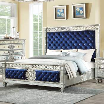 Varian 94" California King Bed Blue Velvet and Mirrored - Acme Furniture