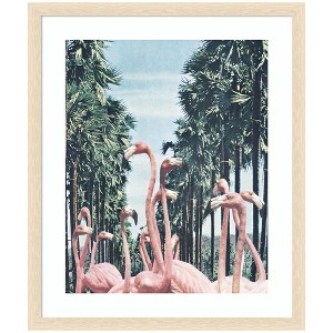 Kate and Laurel Framed Art Palm Trees and Flamingos by Sarah Eisenlohr, 22x26, Woodgrain Stripe Blonde - 1 of 4