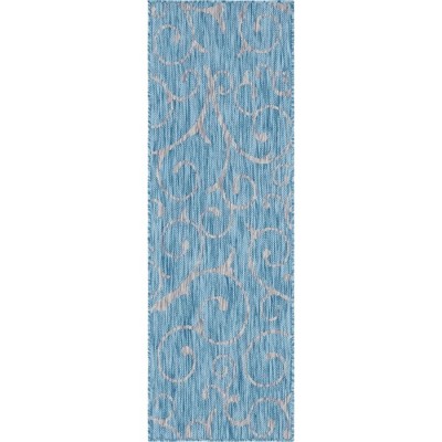 Light Aqua and Ivory Flat Woven Outdoor Runner Rug