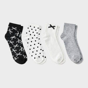 Women's Lettuce Edge Applique Bow & Polka Dots 4pk Ribbed Ankle Socks - Ivory/Heather Gray/Black 4-10 - 1 of 3