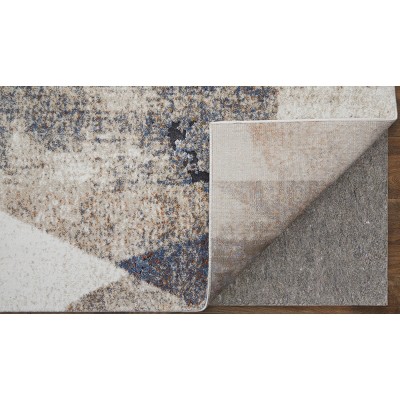 Ivory and Blue Geometric Stain-Resistant Synthetic Rug