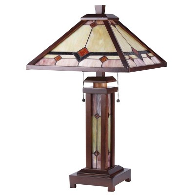 Kay Tiffany-Style Mission Double Lit Stained Glass Wooden Table Lamp