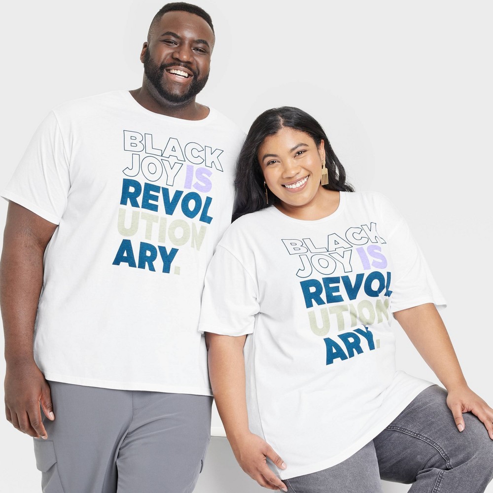 Black History Month Adult Black Men Smile Short Sleeve 'Black Joy is Revolutionary' T-Shirt - White S