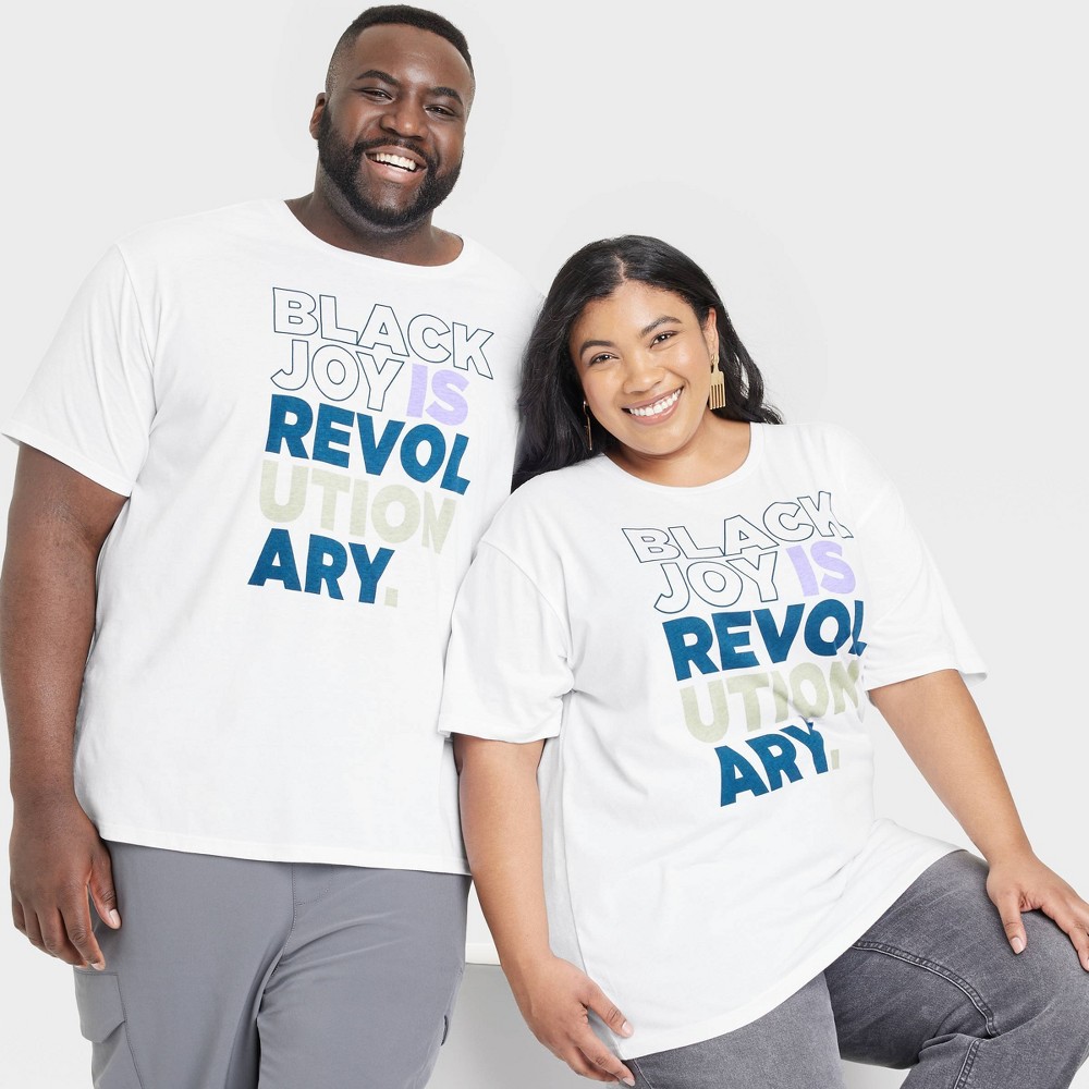 Black History Month Adult Black Men Smile Short Sleeve 'Black Joy is Revolutionary' T-Shirt - White XL