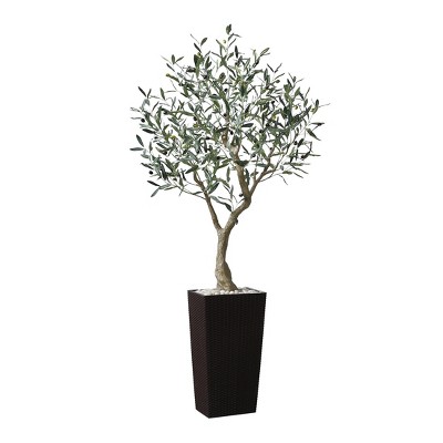 DR.Planzen UV Resistant 6-7FT Artificial Olive Tree with White/Brown Tall Planter - Faux Plants with three branches for Indoor/Outdoor for Home Decor