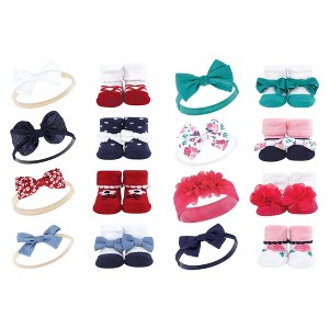Hudson Baby Infant Girl 16Pc Headband and Socks Set, Red Navy Flower Bright Pink Floral, One Size - 1 of 3