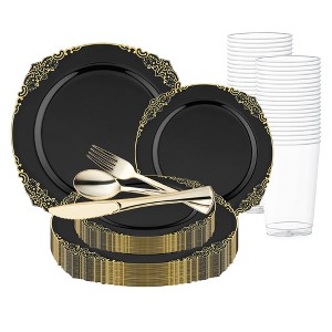 Smarty Had A Party Black w/ Gold Fancy Round Plastic Wedding Set - 30 Sets - 1 of 4