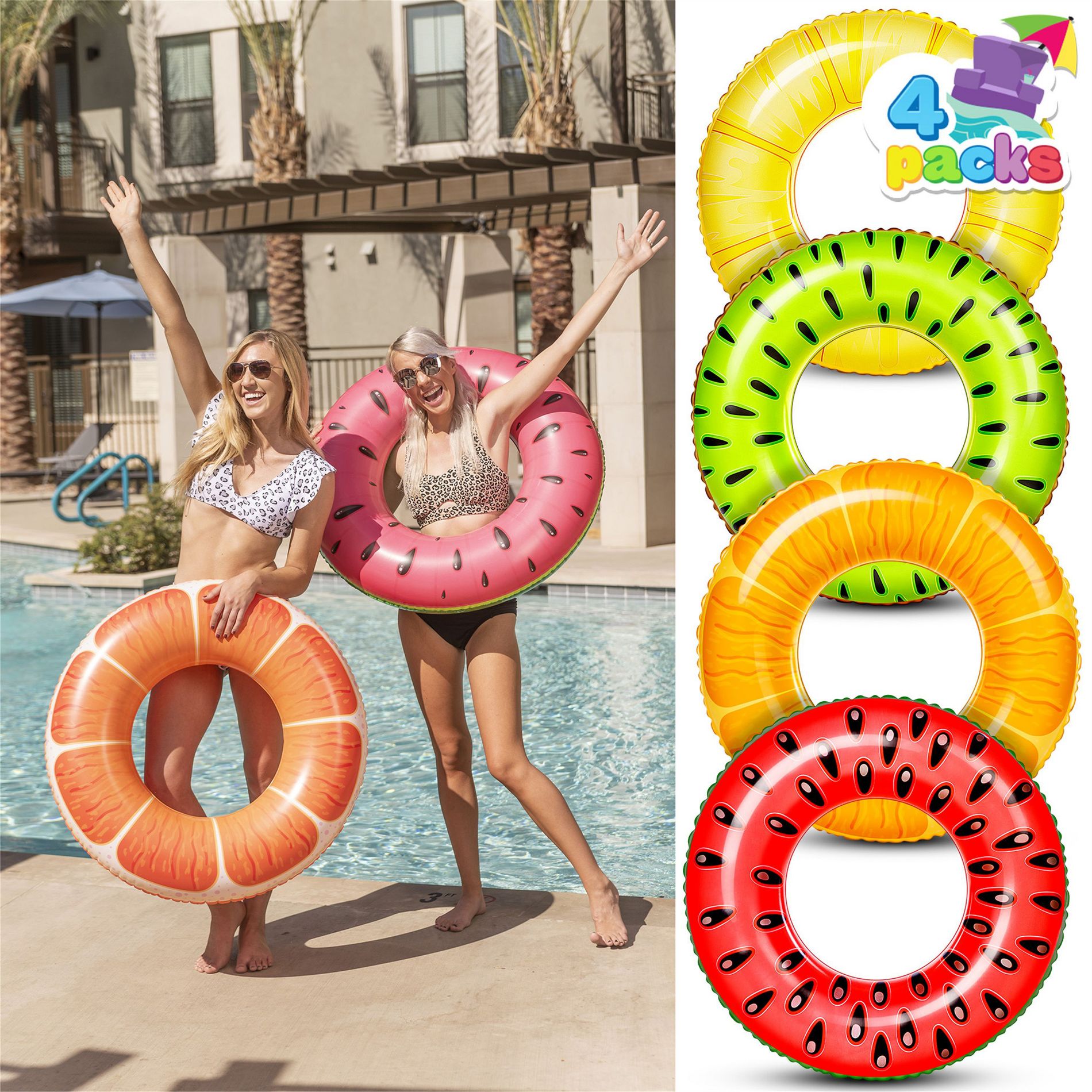 Joyfy 4 Packs Pool Float Tube Set, Inflatable Fruit Swim Tube Raft, Inner Tube Pool, Swim Rings Pool Toys for Kids Adult Swimming Pool Beach Party Fun