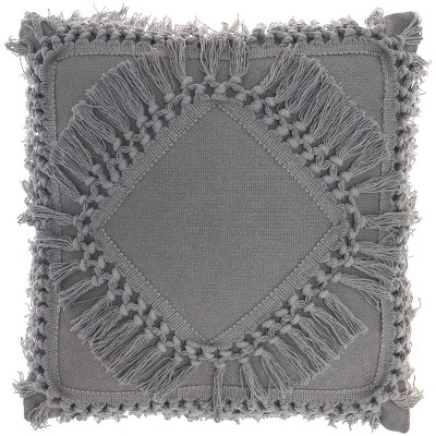 18"x18" Diamond Square Throw Pillow with Fringe Charcoal - Nicole Curtis