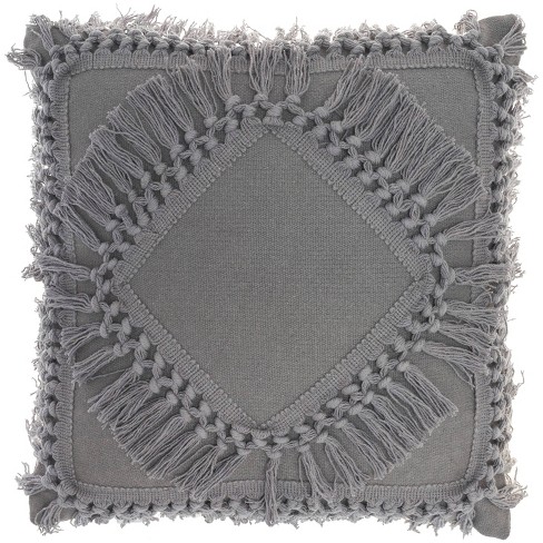 Cream Fringe Textured 18 in. x 18 in. Square Decorative Throw Pillow