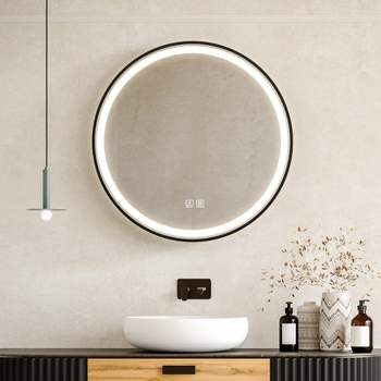 HOMLUX 28 in. W x 28 in. H Round Framed LED Light with 3 Color and Anti-Fog Wall Mounted Bathroom Vanity Mirror in Black
