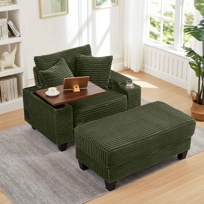 Single Seat Armrest Sofa with Ottoman, Sofa with Hidden Table and USB and Bluetooth Speaker, Corduroy Sofa with Wood Frame-Coolbibila