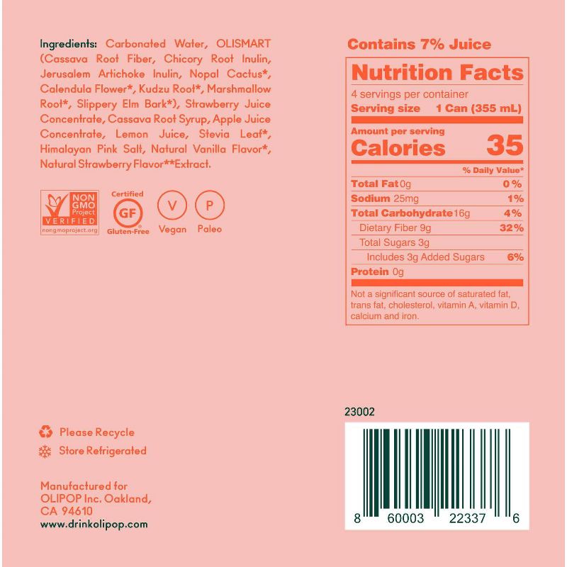 OLIPOP Strawberry Vanilla Prebiotic Soda - 4ct/12 fl oz, 3 of 15
