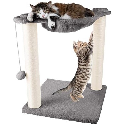Cat Hammock with Scratching Posts for Indoor Cats - 19-Inch-Tall Cat Tree with Hanging Ball Toy for Adult Cats and Kittens by PETMAKER (Gray)