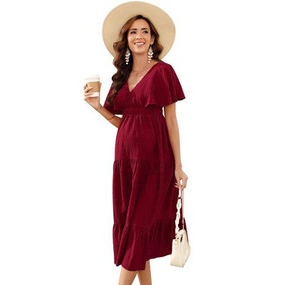 Clearlove Maternity Dress Women's V Neck Short Sleeve Smocked Ruffle Tiered Dress