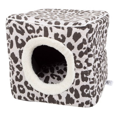 Gray and Black Leopard Print Enclosed Cat Bed with Removable Cushion