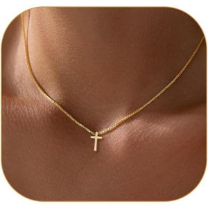 Summit Adventure 14K Gold Cross Necklace – Dainty Box Chain Choker, Faith Pendant for Women, Non-Tarnish - 1 of 4