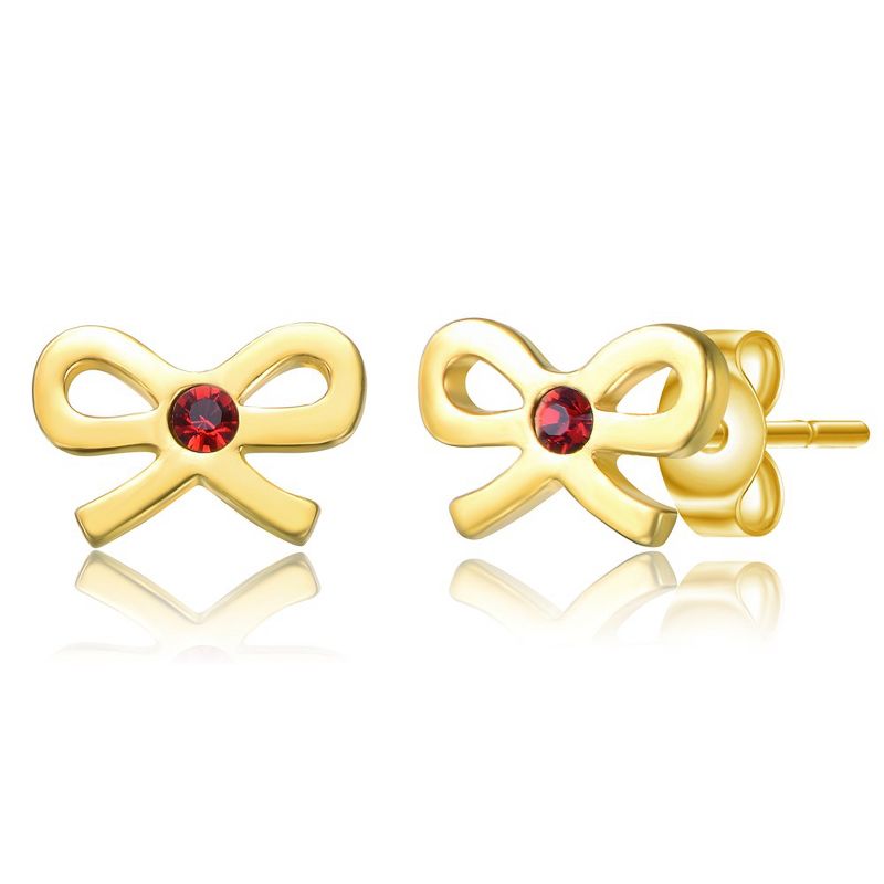 14k Gold Plated Red Velvet Crystal Ribbon Bow Tie Stud Earrings, 2 of 4