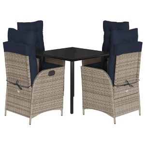 vidaXL 5-Piece Gray Poly Rattan Patio Dining Set with Cushions and Adjustable Chairs - Tempered Glass Table Top - Outdoor/Backyard Furniture - 1 of 4