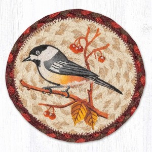 Earth Rugs Wildlife Chickadee Round Coaster – 7"x7" Braided Jute with Hand-Stenciled Chickadee, Rustic Nature-Inspired Design - 1 of 3