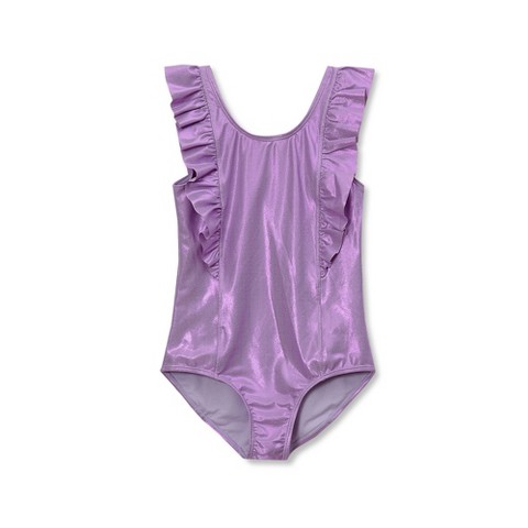 Lands' End Kids Chlorine Resistant Scoop Neck Ruffle One Piece Swimsuit - Medium - Pastel Lilac Foil