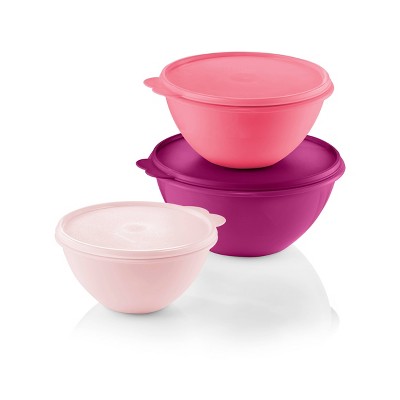 Tupperware Table Top Collection Serving 3pc Bowl Set Clear Bowl Pink Seal  New