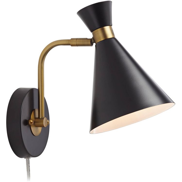 360 Lighting Venice Mid Century Modern Wall Lamp Matte Black Brass Plug-in 6 1/4" Light Fixture Adjustable Metal Cone Shade for Bedroom Living Room, 5 of 9