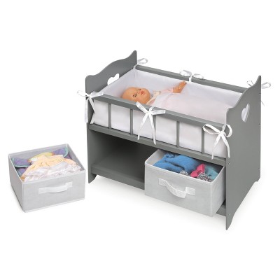 Executive Gray and White Wooden Doll Crib with Storage Baskets