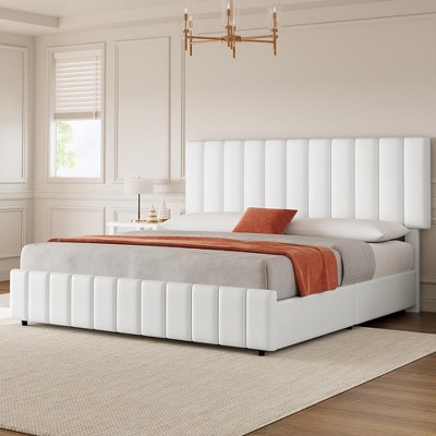 White Faux Leather Queen Bed Frame with Storage Drawers and Adjustable Headboard