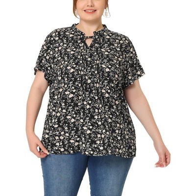 Agnes Orinda Women's Plus Size Ruffle Pleated Tie Short Sleeve Floral Casual Blouses