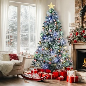 6.5FT Artificial Christmas Tree, Snow Flocked  Christmas Tree with Branch Tips and Lighting Modes for Home Holiday Party Decorations - 1 of 4