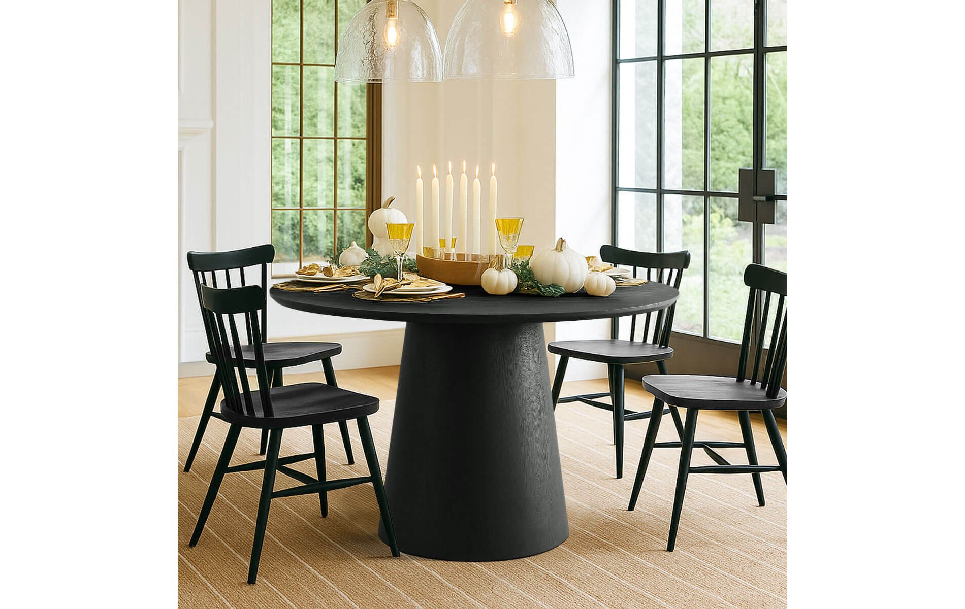 Extendable Dining Room Table,47" Round Dining Table Black Wood Dining Table for Dining Room,Kitchen,Farmhouse-Tanpinhause