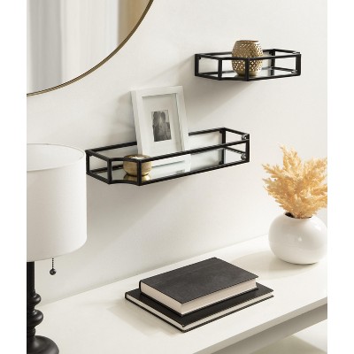 Ciel Modern Black Glass Floating Shelves with Scalloped Frame