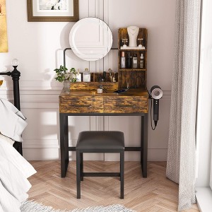 ORRD LED Makeup Vanity Table (3 Colors) with Outlet, 2 Large Drawers, Metal Legs & Chair - Brown - 1 of 4