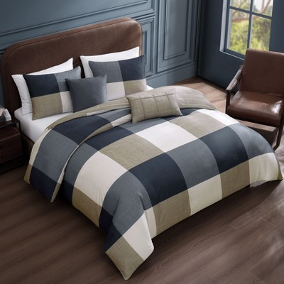 Bebejan Checkered Navy Tan 100% Cotton Sateen 5 Piece Plaid Reversible Comforter Set, All Season Bedding Set - Queen — фото 8