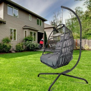 PAGED Indoor Outdoor Wicker Rattan Swing Chair with Pillow and C Type Bracket,Egg Chair for Patio,Porch,Garden,Black+Brown - 1 of 4