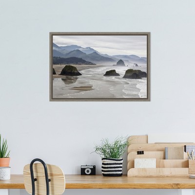 Cannon Beach Fog Coastline Landscape Canvas Print in Grey Frame