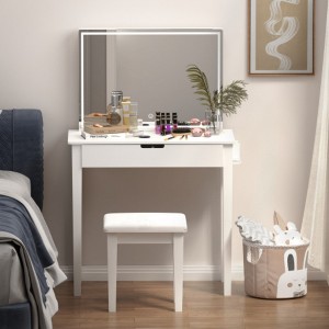 Vanity Desk Set With Mirror For Makeup, Makeup Table With 1 Drawer Storage Cosmetics, Vanity Dressing Table For Bedroom With Stool,White - 1 of 4