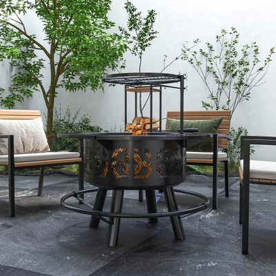 VisioGear Outdoor Fireplaces, Outdoor Portable Wood Burning Firepit with Adjustable Cooking Grate, Outdoor Fireplaces with Pan, Black, 33"*33"*33"