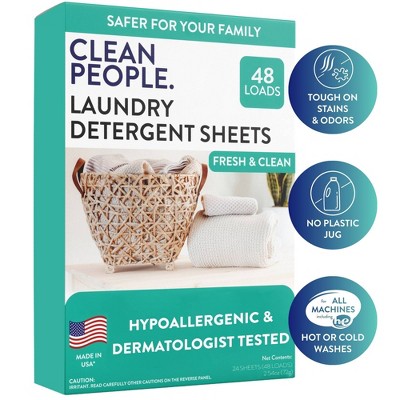 Clean People Laundry Detergent Sheets - Fresh & Clean - 48 Loads: Hypoallergenic, Dye-Free, Vegan, Sensitive Formula