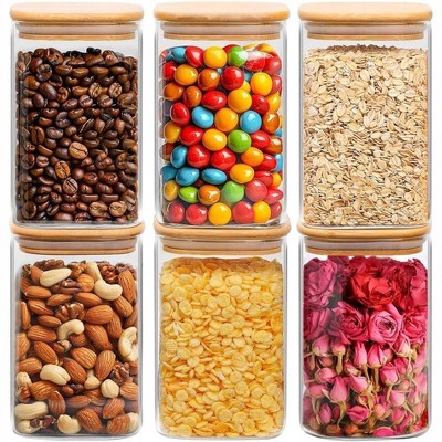 Set of 6 Glass Storage Containers with Lids 1.2 QT, Square Canister for Cookie Flour Oat Pasta Tea Coffee