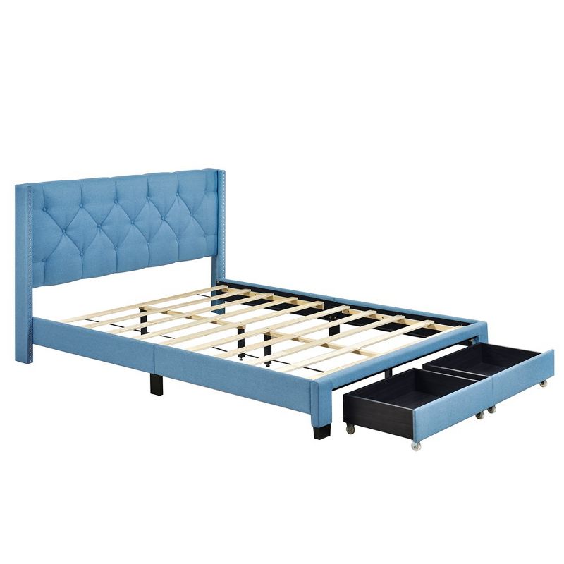 Queen Size Platform Bed With 2 Drawers Linen Upholstered Bed Frame With Storage For Bedroom No Box Spring Needed, 5 of 6