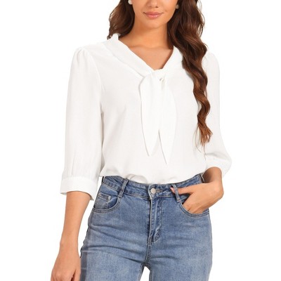 Allegra K Women's 3/4 Sleeve Tie Neck Collared Office Work Top