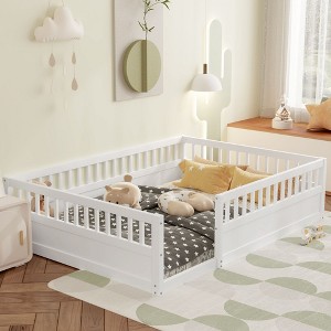 Okak Twin Size Floor Bed Frame,Pine Wood Bed with Fence, Low Profile Kids Bed Frame for Bedroom Playroom,Easy Assembly - 1 of 4