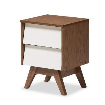 Hildon Mid - Century Modern Wood 2 - Drawer Storage Nightstand - White, "Walnut" Brown - Baxton Studio