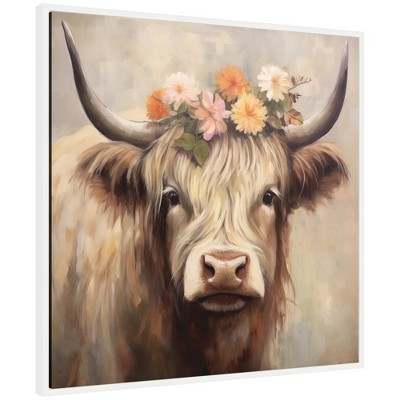 Kate & Laurel All Things Decor 30"x30" Sylvie Adorable Floral Boho Highland Cow Framed Canvas by The Creative Bunch Studio White