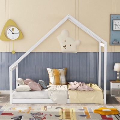 CAVINAS Twin Size Floor Bed Modern House Shaped Wooden Bed Frame with Sloping Roof for Bedroom