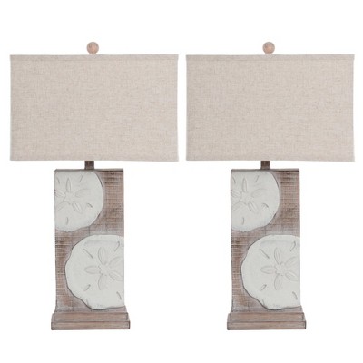 HomeRoots Set of Two 28" Brown And White Coastal Sand Dollar USB Table Lamp With Tan Shade