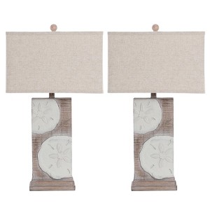 HomeRoots Set of Two 28" Brown And White Coastal Sand Dollar USB Table Lamp With Tan Shade - 1 of 4